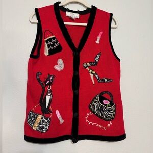 Vintage Lisa International Feminine Cat Sweater Cardigan Vest